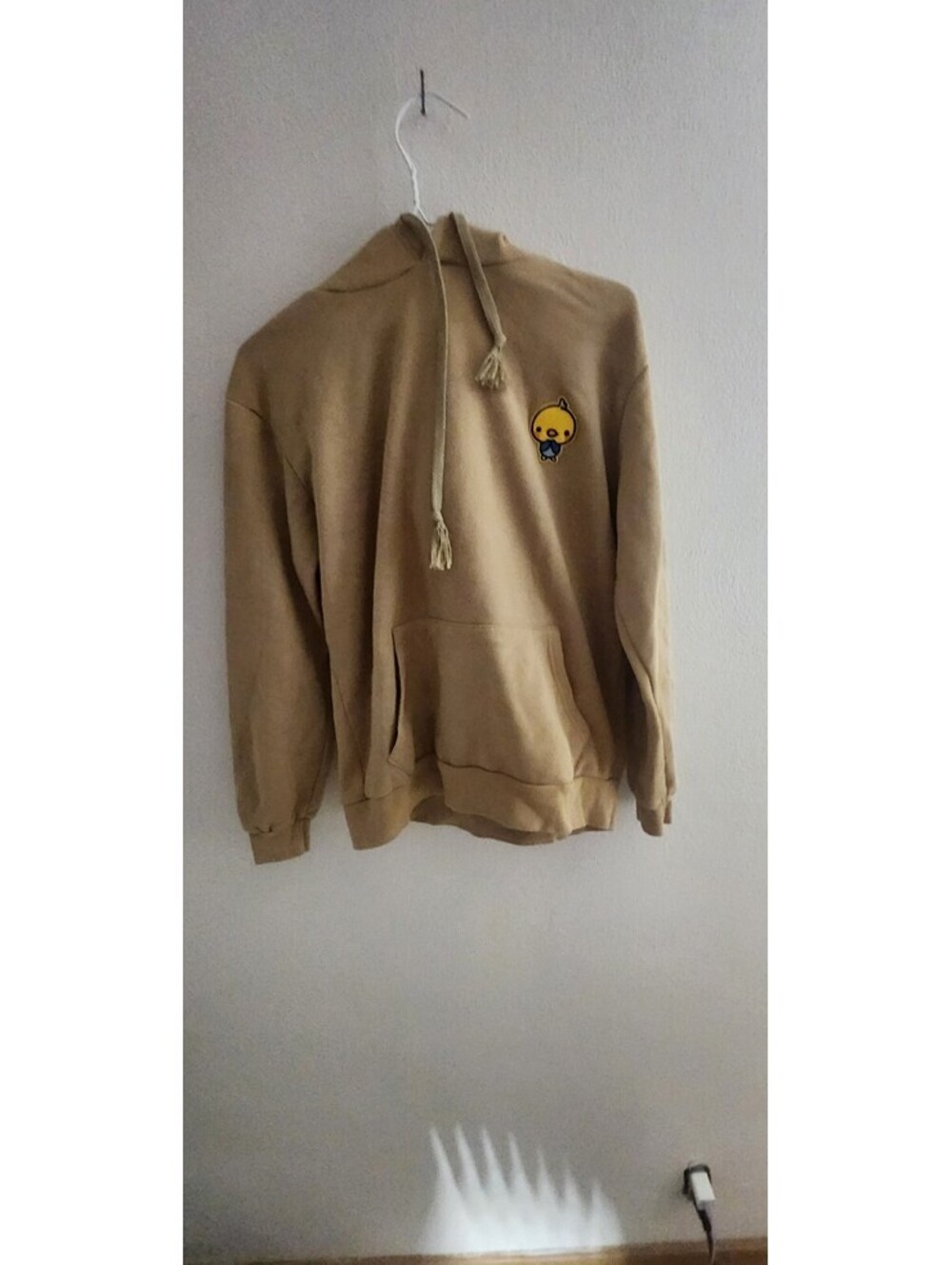 UNISEX Medium Tan Hoodie with Small Yellow Cartoon Patch
